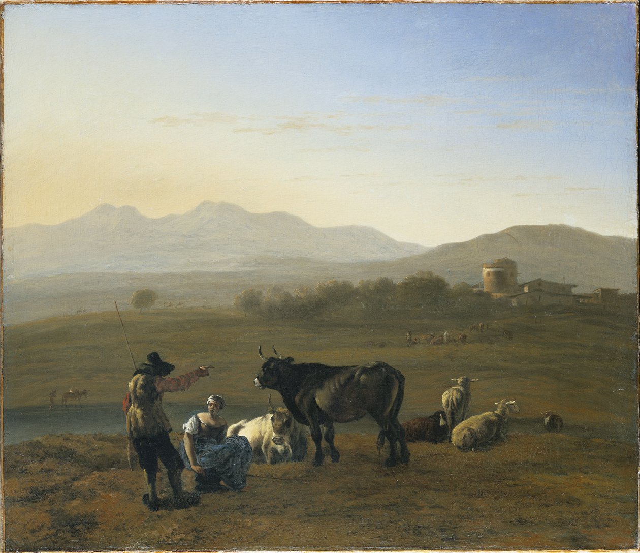 Et omfattende landskap i den romerske Campagna, med storfe og gjetere, 1975 av Karel Dujardin