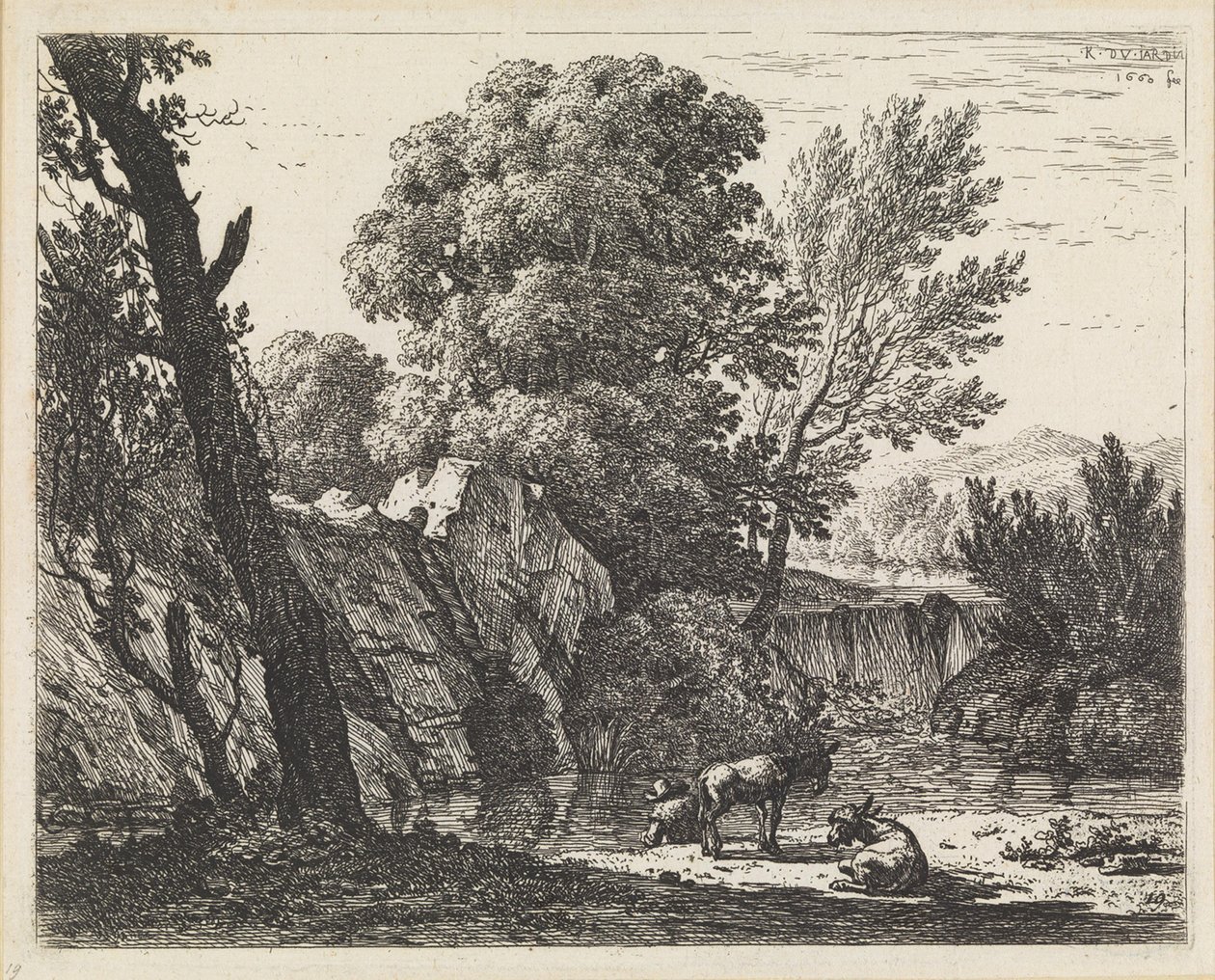 Landskap med en mann og to esler av Karel Dujardin