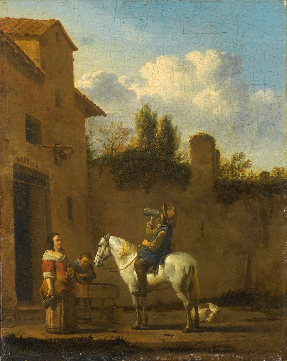 Montert trompetist tar en drink, 1650-60 av Karel Dujardin