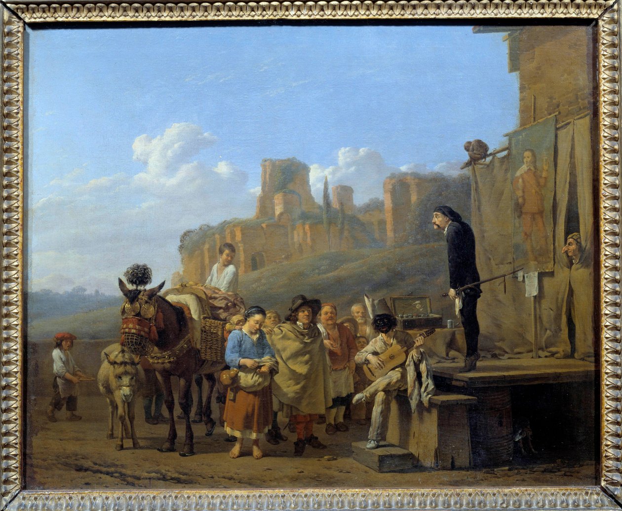 De italienske sjarlatanene Marchand ambuland som solgte narkotika på offentlige torg. Maleri av Karel Dujardin (1621-1678) 1657. Dim 0,44 x 0,52 m av Karel Dujardin