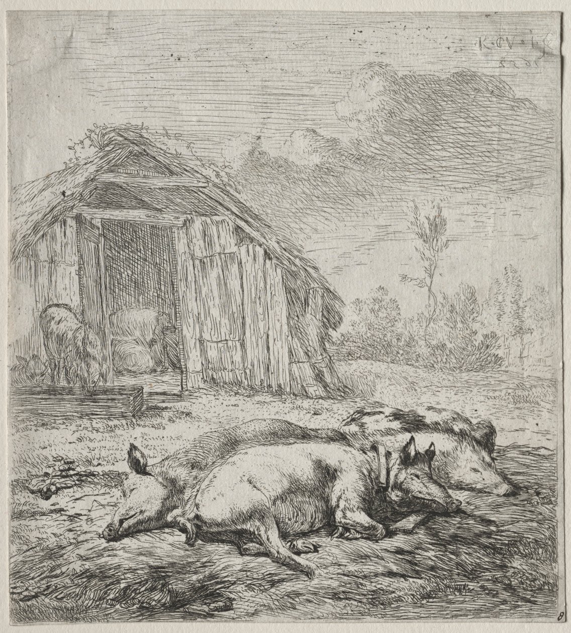 Tre svin som ligger foran en sti. av Karel Dujardin