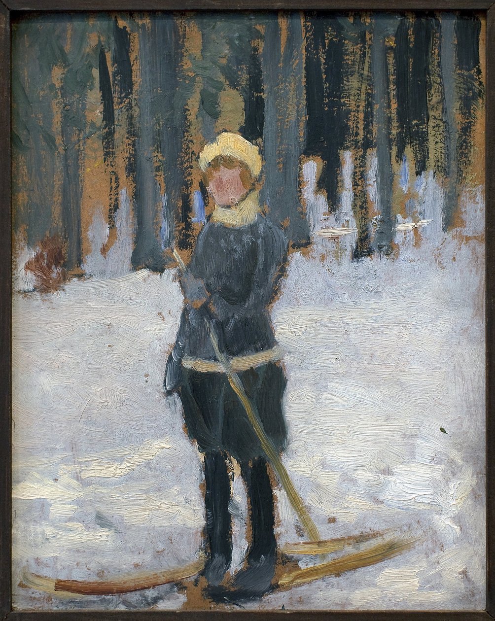 Kvinne på ski i skogen. Kunstverk av Karel Spillar (1871-1939), olje på papp av Karel Spillar