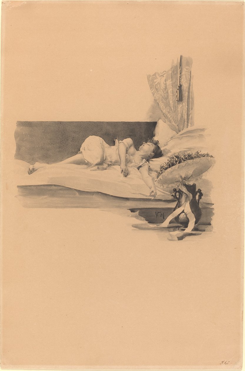 Illustrasjon for "Jestrab Kontra Hrdlicka, XXII" (Jente sover på en seng) av Karel Vitezslav Masek