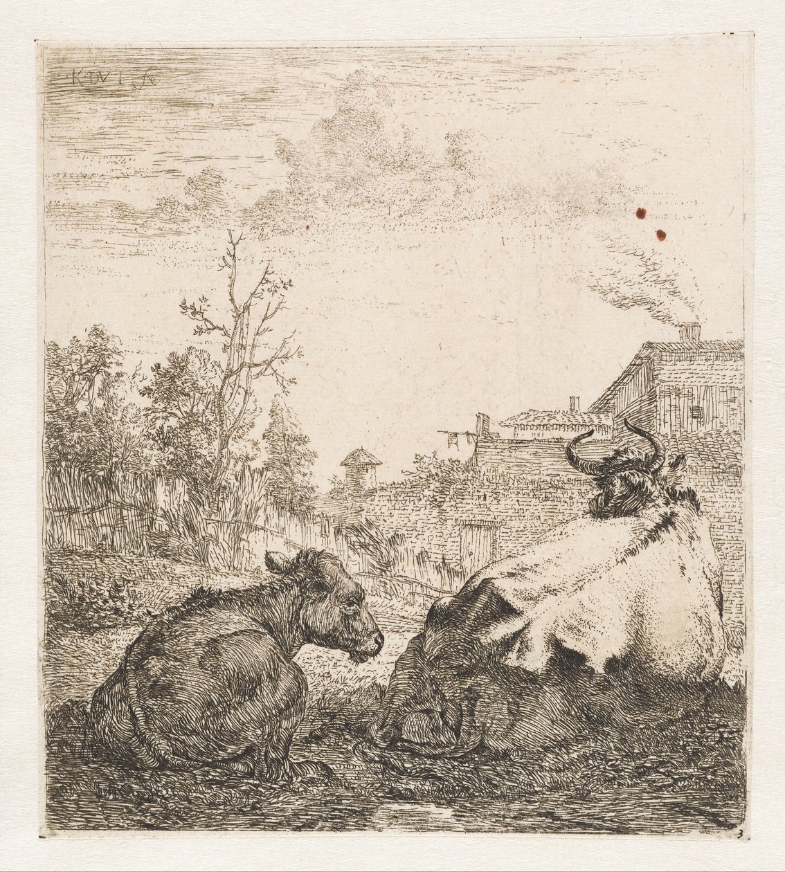 Liggende ku med kalv Dyr (serietittel) av Karel du Jardin (signed by artist)