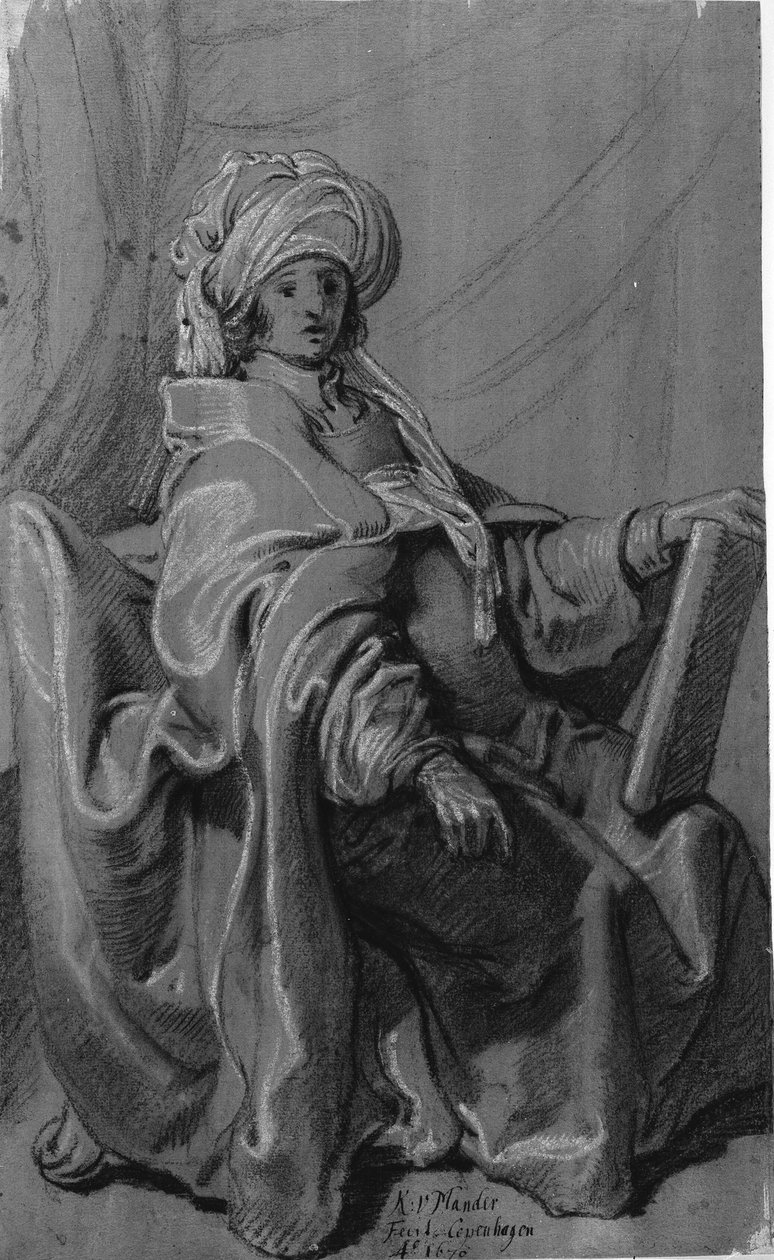 Sittende figur i kappe og turban, holder en bok. Vender mot høyre. av Karel van III Mander