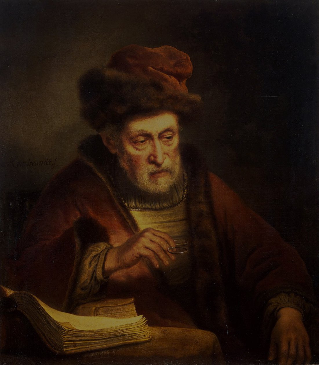 Gammel mann holder et par briller av Karel van der Pluym