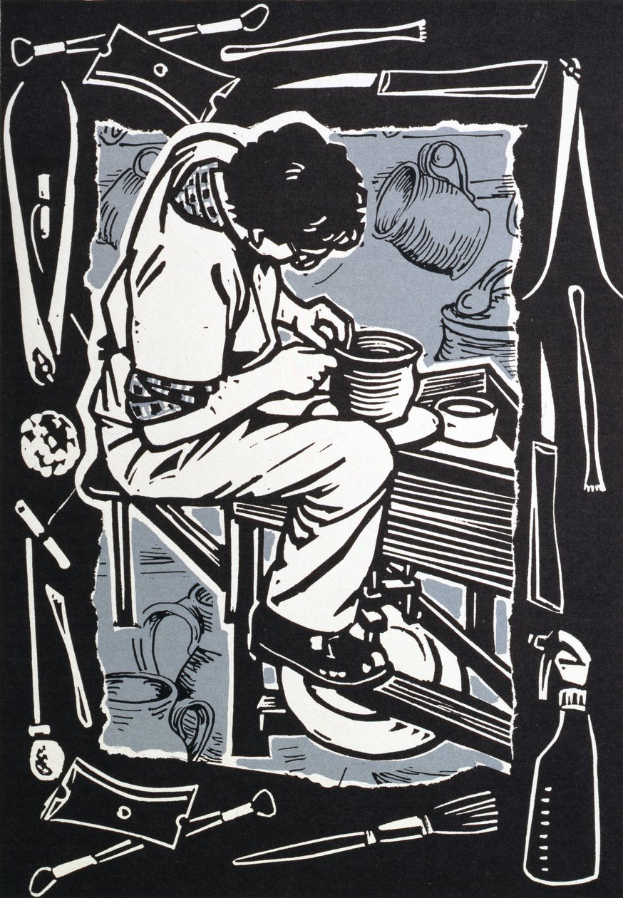 Potter, 1998 (linosnitt på papir) av Karen Cater