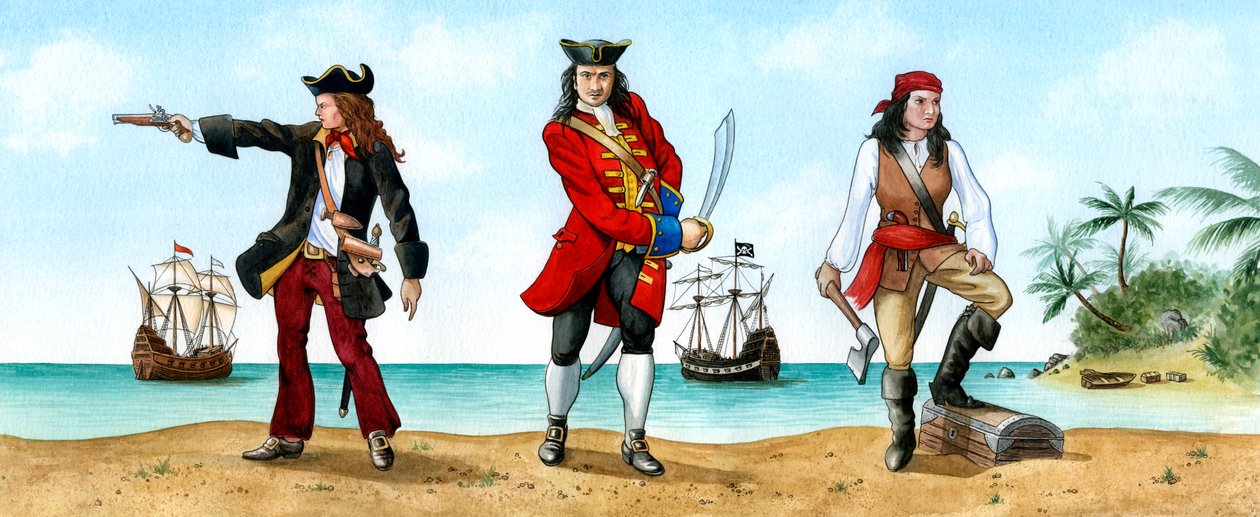 Anne Bonny, John Calico Jack Rackam og Mary Read, 1700-tallets pirater. av Karen Humpage