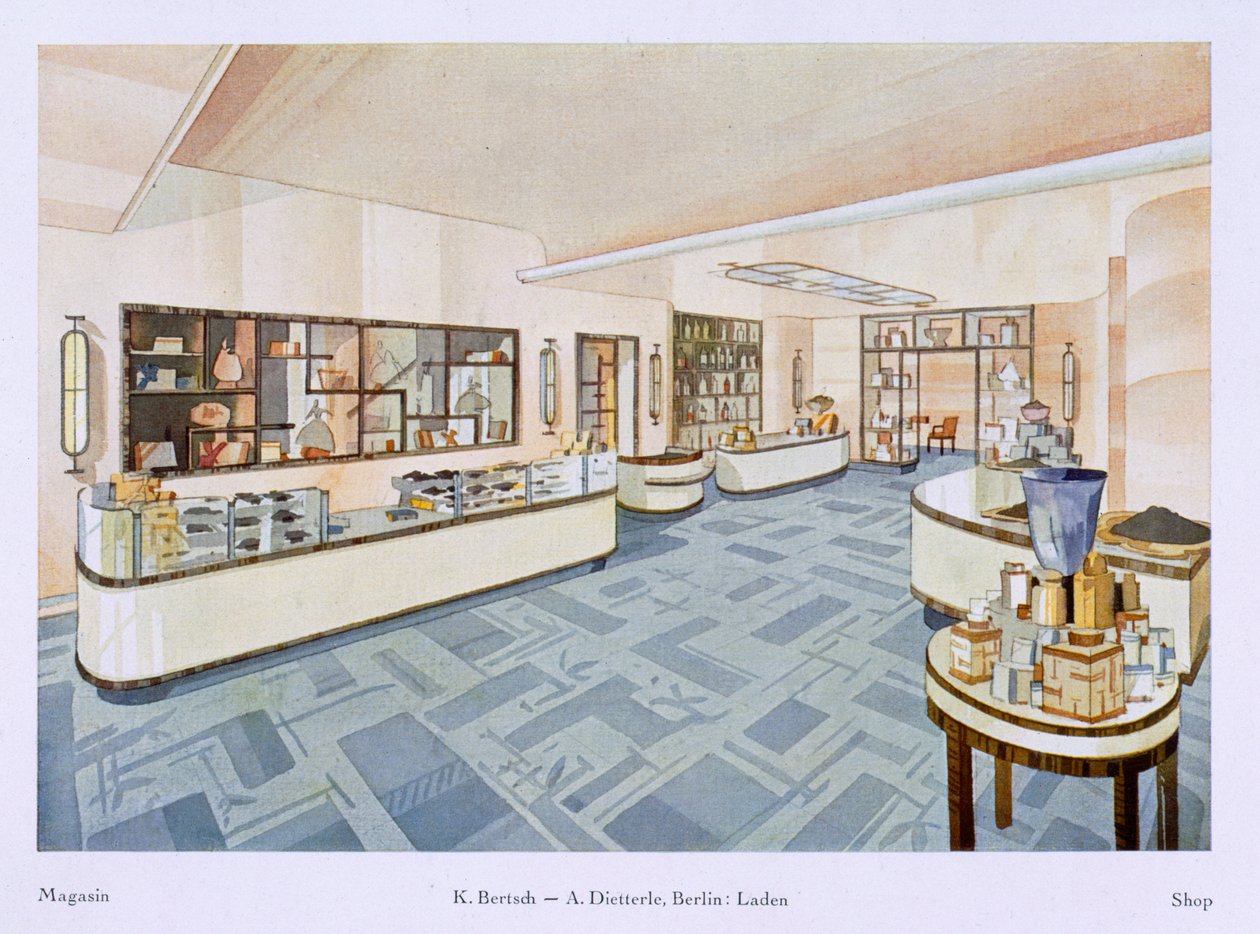 Parfymebutikk, illustrasjon fra Modern Interiors in Colour, 1929 av Karl Bertsch