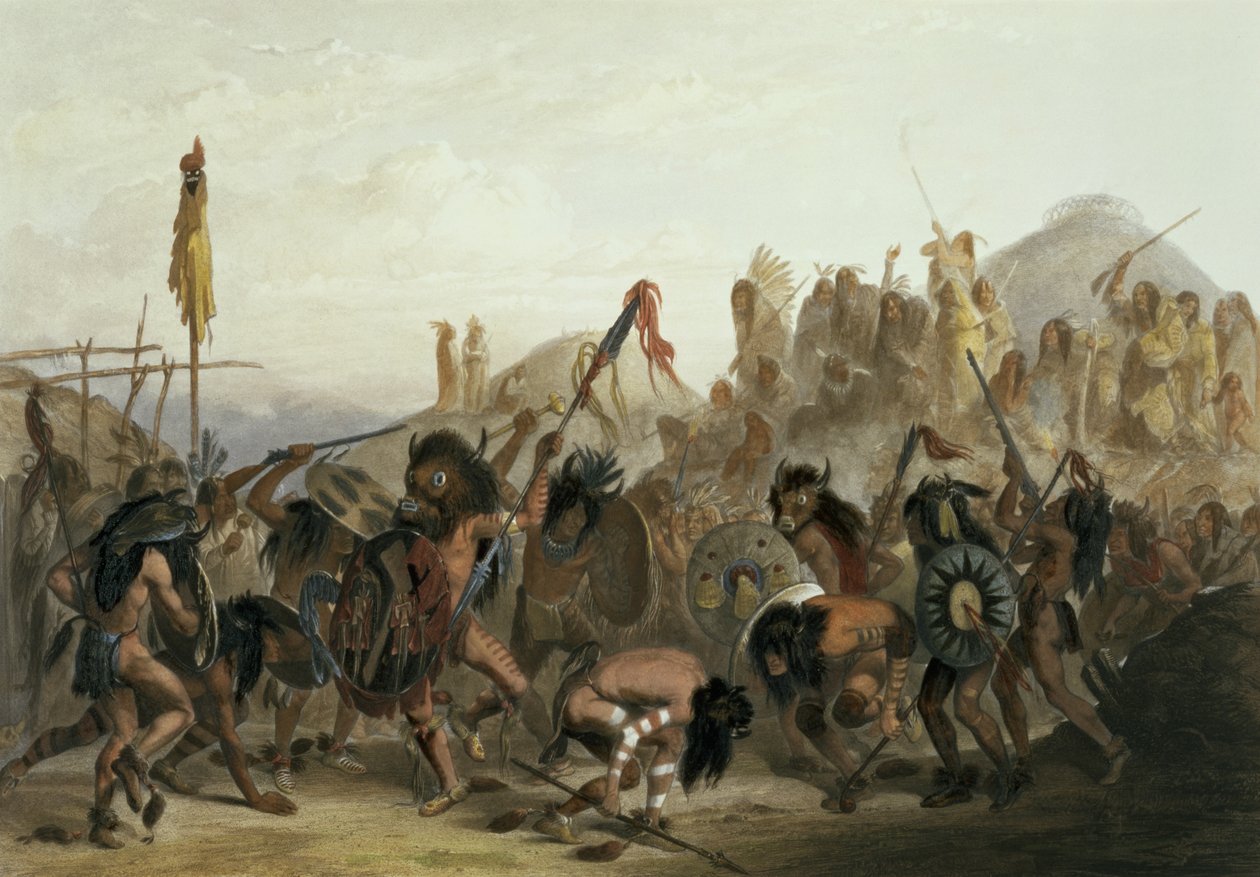 Bison-Dance of the Mandan Indians foran deres Medicine Lodge i Mih-Tutta-Hankush, plate 18 fra bind 2 av 