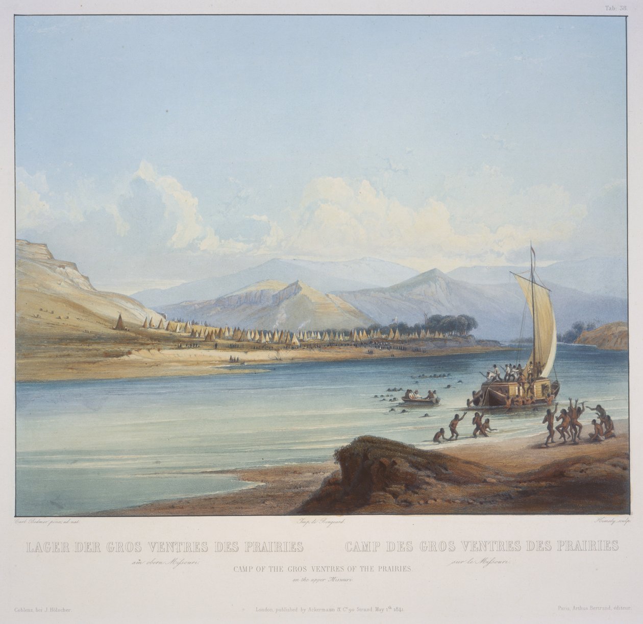 Camp of the Gros Ventres of the Prairies on the Upper Missouri, gravert av S. Himely, utgitt i 1841 (akvatint) av Karl Bodmer
