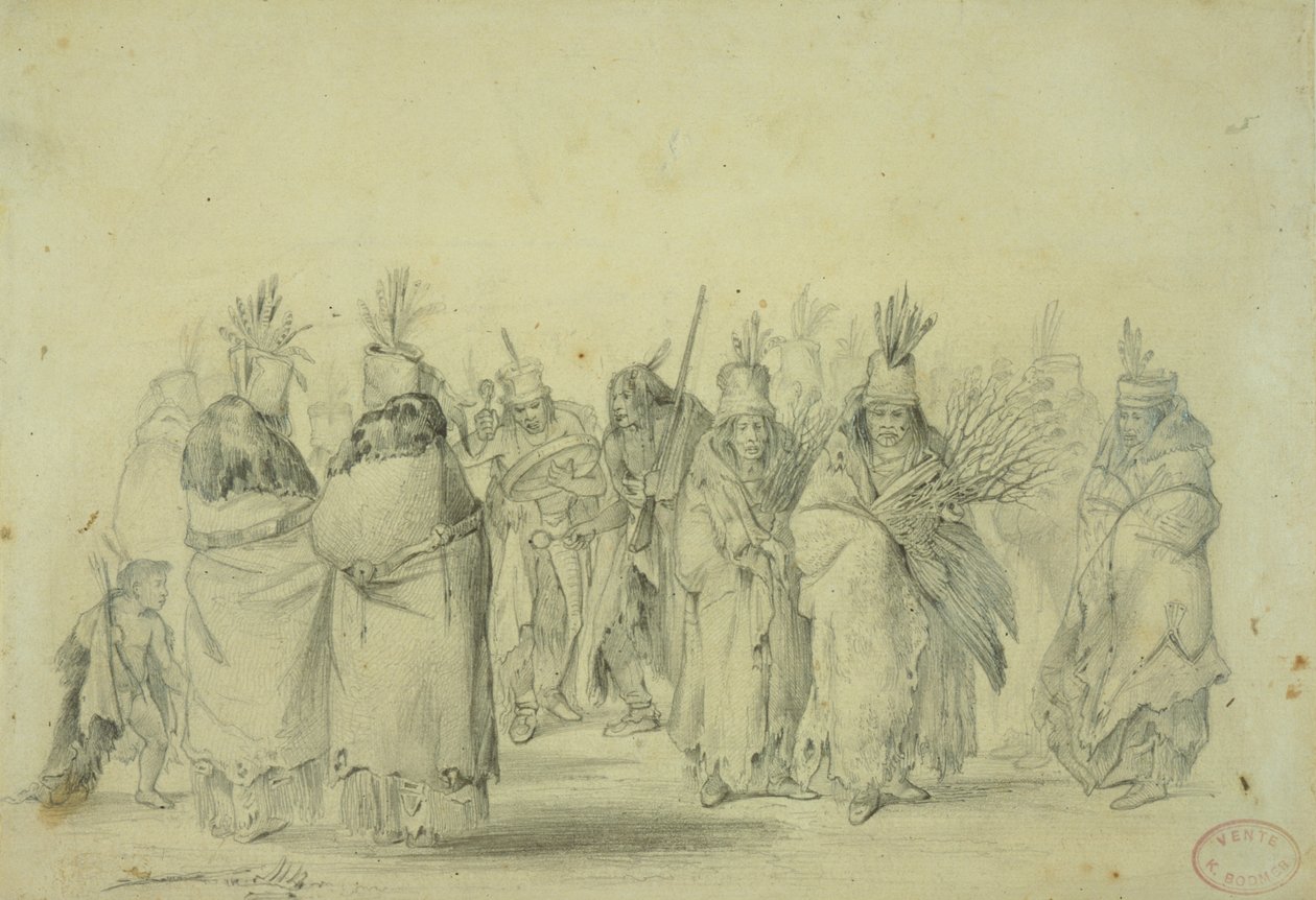 Dance of the Mandan women, ca. 1833-43 (blyant, penn og wc på papir) av Karl Bodmer