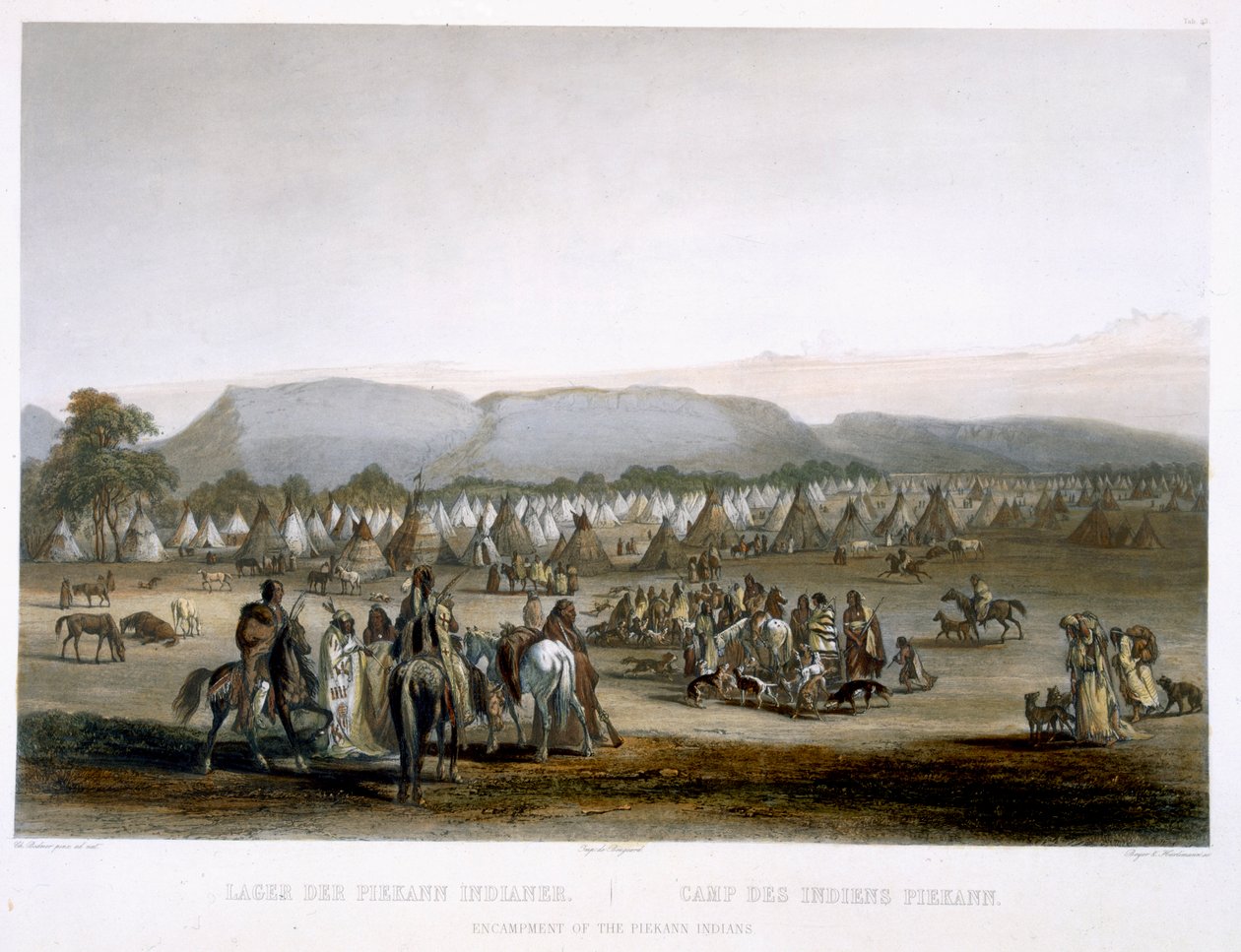 Encampment of the Piekann Indians, plate 43 fra bind 2 av 'Travels in the Interior of North America', gravert av Leopold Beyer (1784-c.1870) og J. Hurlimann, 1844 (akvatint) av Karl Bodmer