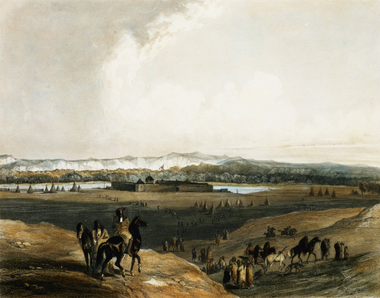 Fort Union on the Missouri, plate 28 fra bind 2 av 'Travels in the Interior of North America', gravert av Leopold Beyer (1784-c.1870) og Lucas Weber, 1844 (akvatint) av Karl Bodmer