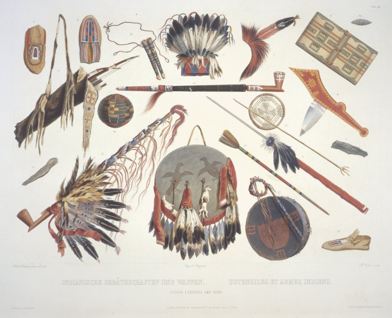 Indiske redskaper og armer, gravert av Du Casse, utgitt i 1841 (akvatint) av Karl Bodmer