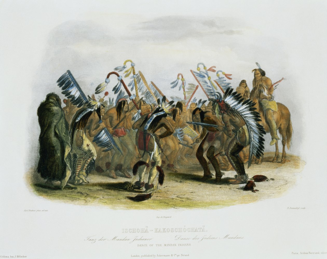 Ischoha-Kakochochata, Mandan-indianernes dans, plate 25 fra bind 1 av "Reiser i det indre av Nord-Amerika", gravert av Narcisse Desmadryl, 1843 (akvatint) av Karl Bodmer