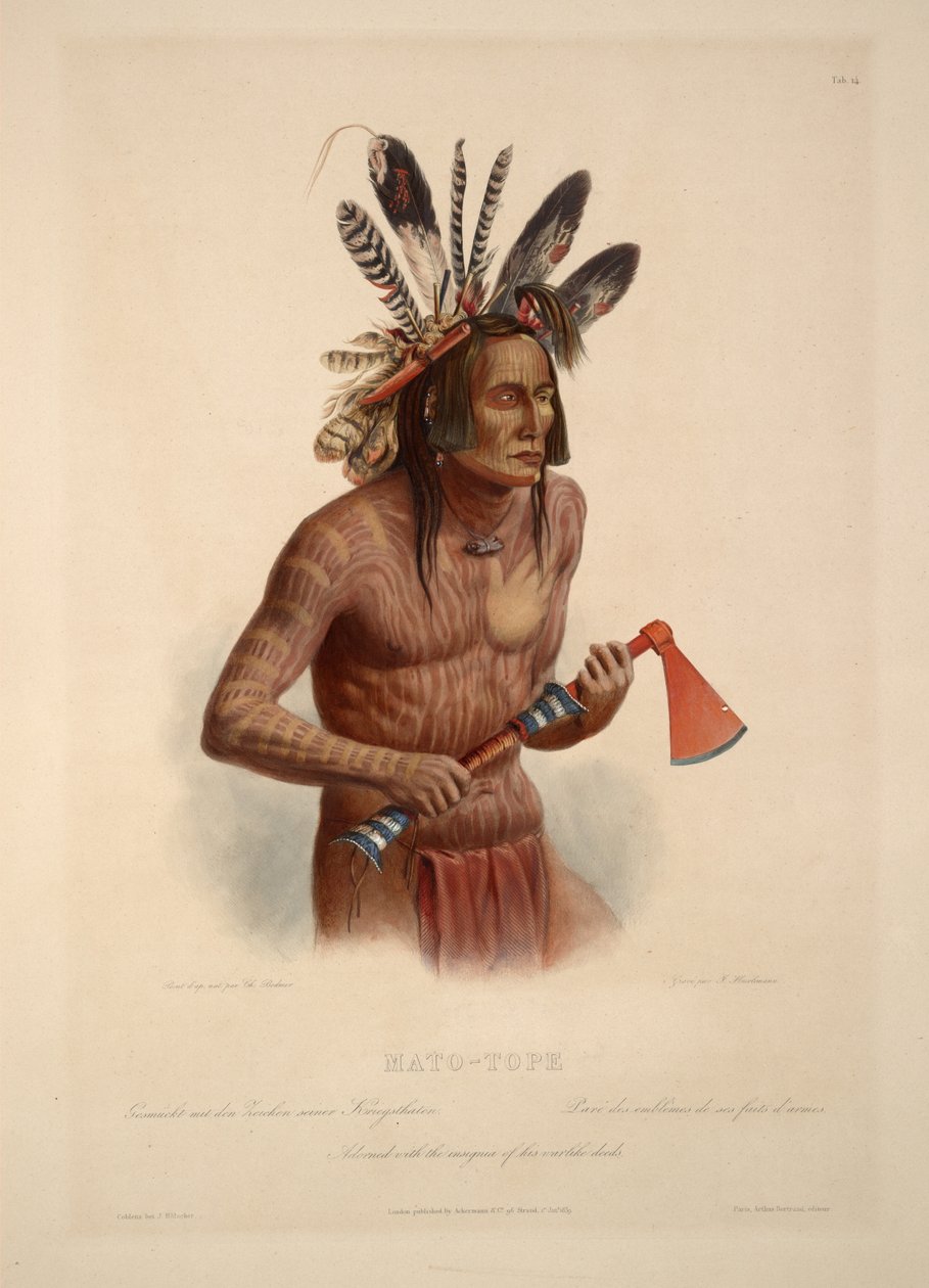 Mato-Tope prydet med symbolene på hans krigeriske gjerninger av Karl Bodmer