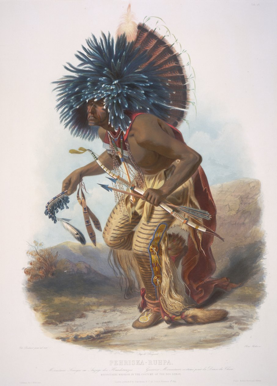Moennitarri-kriger i hundedansens kostyme. Pehriska-Ruhpa av Karl Bodmer