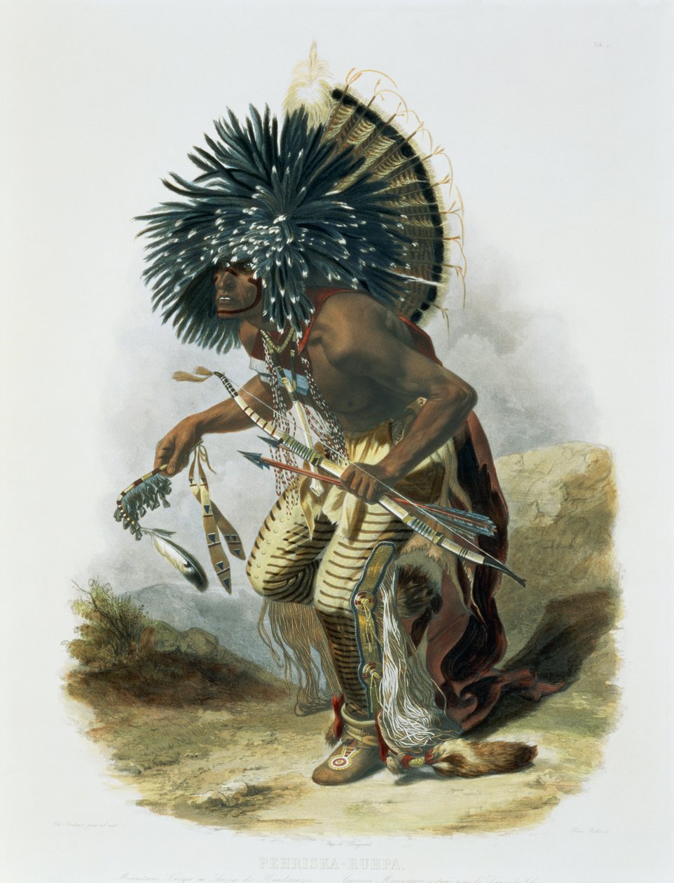 Pehriska-Ruhpa, Minatarre Warrior in the Costume of the Dog Dance, plate 23 fra bind 2 av 'Travels in the Interior of North America', gravert av Rene Rollet, 1844 (akvatint) av Karl Bodmer