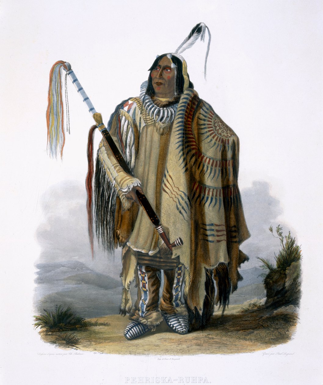 Pehriska-Ruhpa, en Minatarre eller stormaget indianer, plate 17 fra bind 2 av 'Reiser i det indre av Nord-Amerika', gravert av Paul Legrand, 1844 (akvatint) av Karl Bodmer