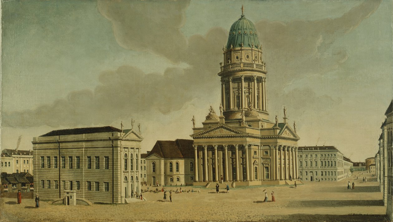 Utsikt over Gendarmenmarkt med det franske lekehuset og katedralen, Berlin, 1788 av Karl Friedrich Fechhelm