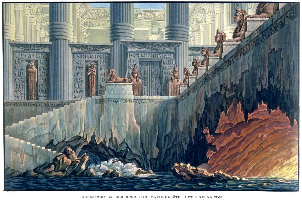 Egyptisk scenografi for akt II, scene xxviii av operaen "Tryllefløyten" av Wolfgang Amadeus Mozart (1756-91) av Karl Friedrich Schinkel