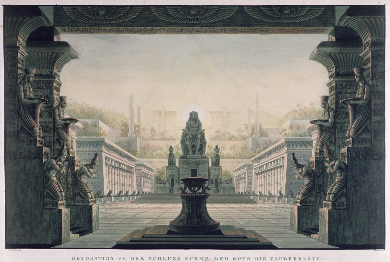 Scenografi for sluttscenen til "Tryllefløyten" av Wolfgang Amadeus Mozart (1756-91) av Karl Friedrich Schinkel