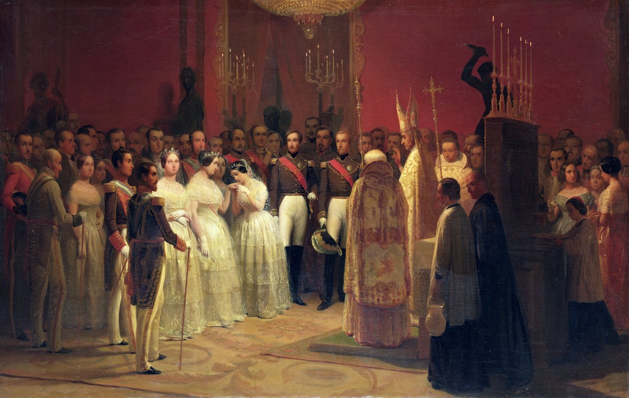 Ekteskap mellom dronning Isabella II (1830-1904) med prins Francisco de Assisi de Bourbon (1822-1902) og Maria Luisa Fernanda (1832-97) Infanta av Spania med Antoine d