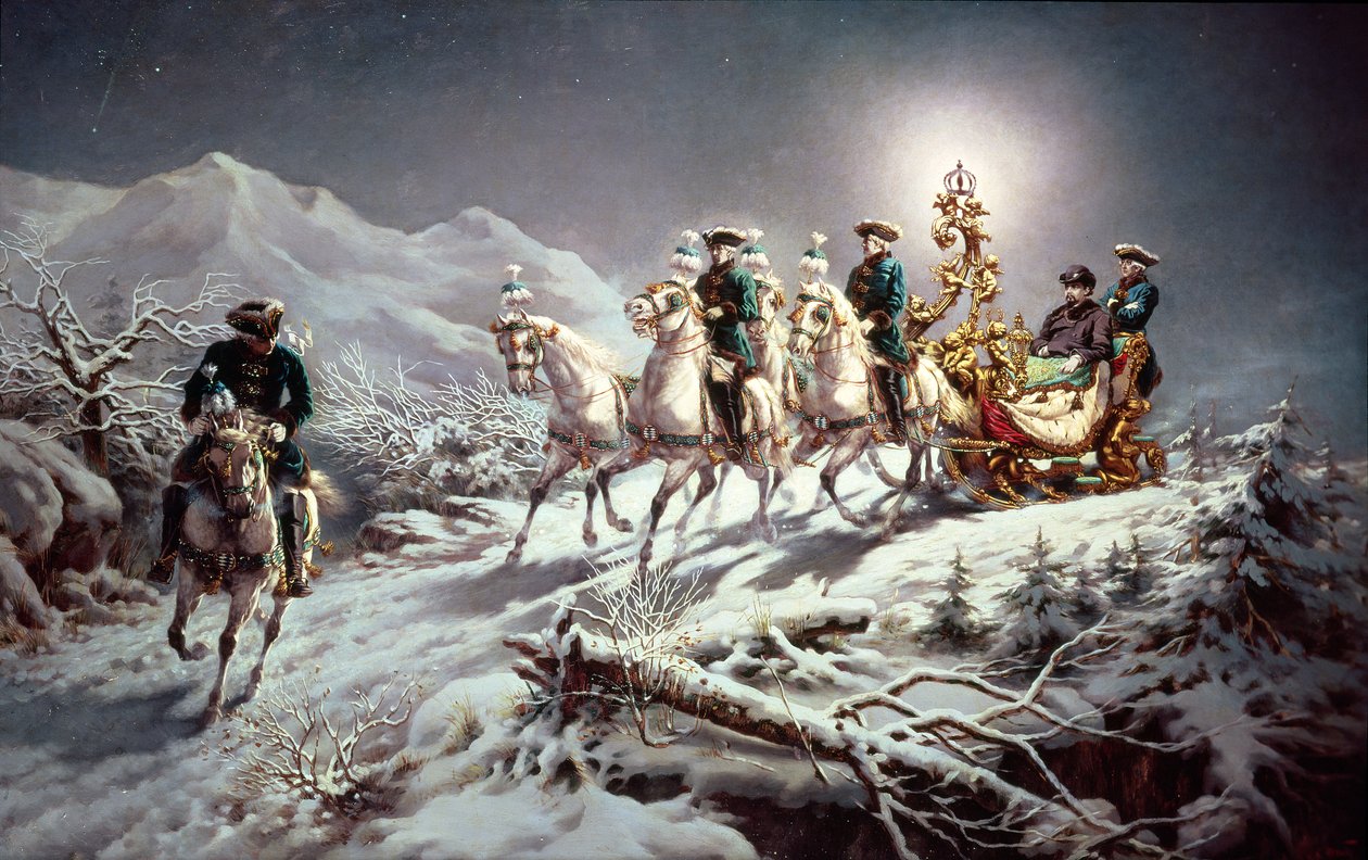 Ludwig II (1845-86) fra Bayern på slede om natten fra Neuschwanstein til Linderhof, 1888 av Karl Gottlieb Wenig