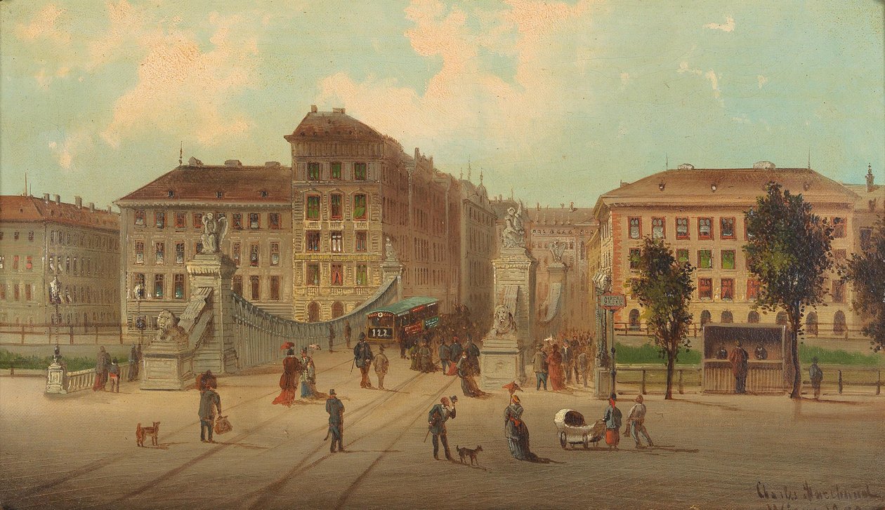 Aspernbrucke i WiennTysk: Livlig gatebild med trikk i Wien, 1878. Utsikt over veibanen til Aspernbrucke til venstre bredd av Donaukanalen, til husene til Untere Donaustrasse og inn i Asperngasse i dag Aspernbruckengasse. lenke av Karl Kaufmann