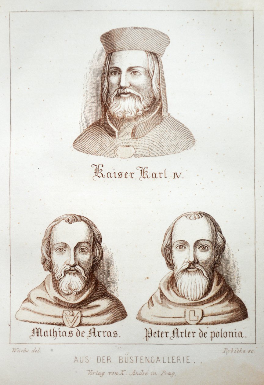 Illustrasjon fra boken Der Dom zu Prag fra 1858, som viser byster i galleriet til Church of St. Velkommen av Karl Wurbs