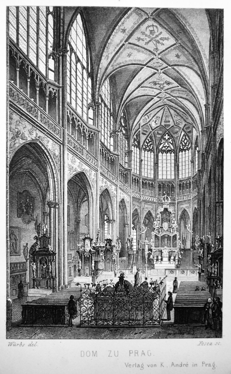 Illustrasjon fra boken Der Dom zu Prag fra 1858, som viser interiøret i Church of St. Velkommen av Karl Wurbs