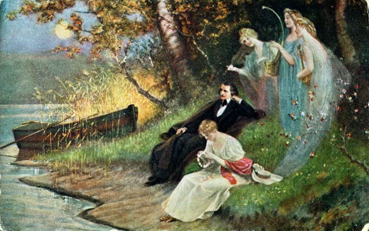 Postkort som viser Robert Schumann (1810-56) med muser, ca. 1910 av Karl the Elder Schweninger