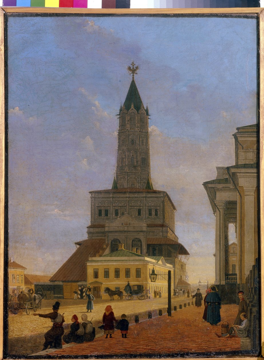 Sukharev-tårnet i Moskva. Bygget i 1695, arkitekten Tchoglokov og revet i 1934, lå det på hjørnet av hageringen og Stretenka Street. Maleri av Karl Petrovich Bodri (1812-1894), olje på lerret av Karl Fridrikh Petrovich Bodri