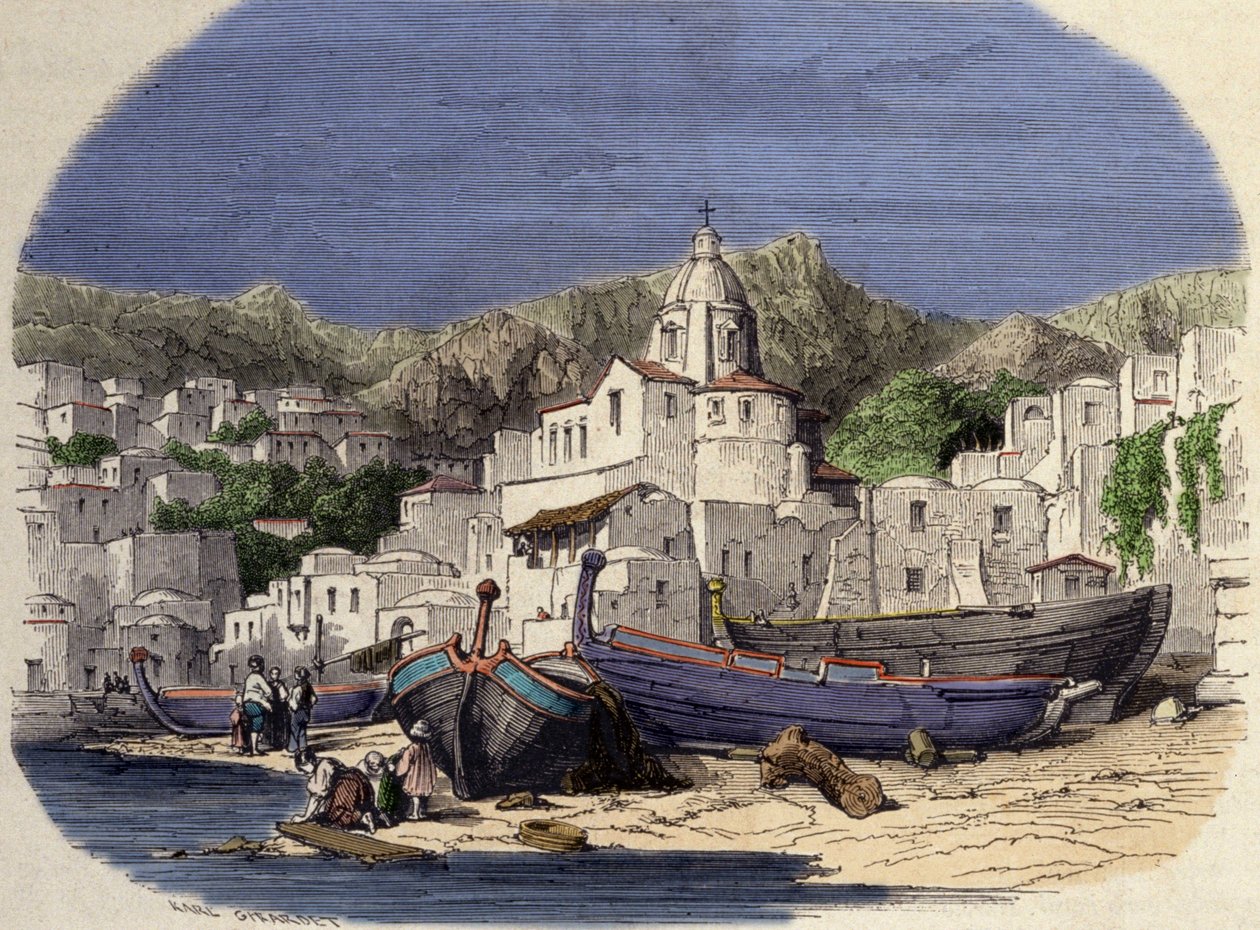 Utsikt over Positano i Italia på slutten av 1800-tallet etter Girardet. av Karl (after) Girardet