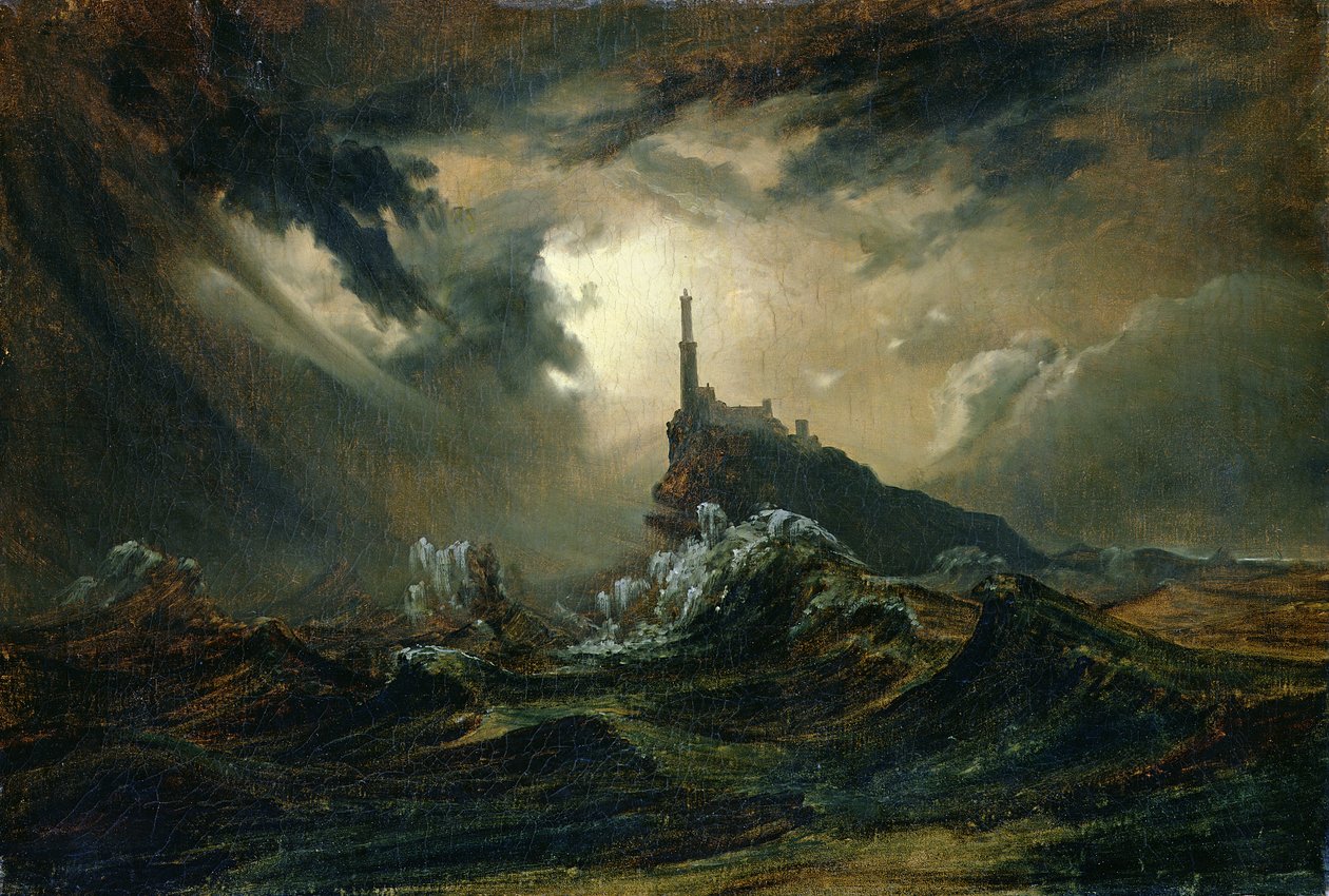 Stormfullt hav med fyr av Carl Blechen