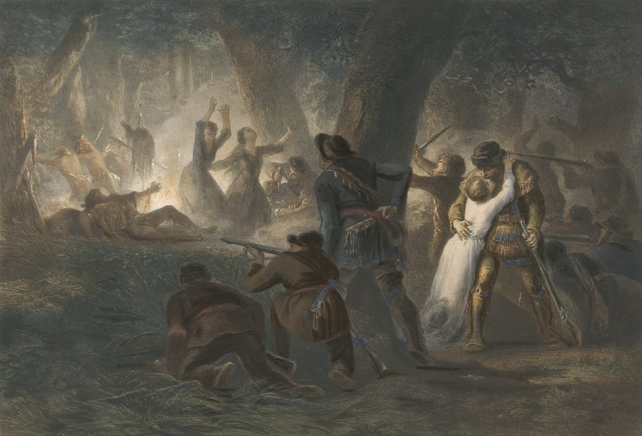 Deliverance of the Daughters of Daniel Boone og Richard Callaway, pub. 1852 (fargegravering) av Karl Bodmer