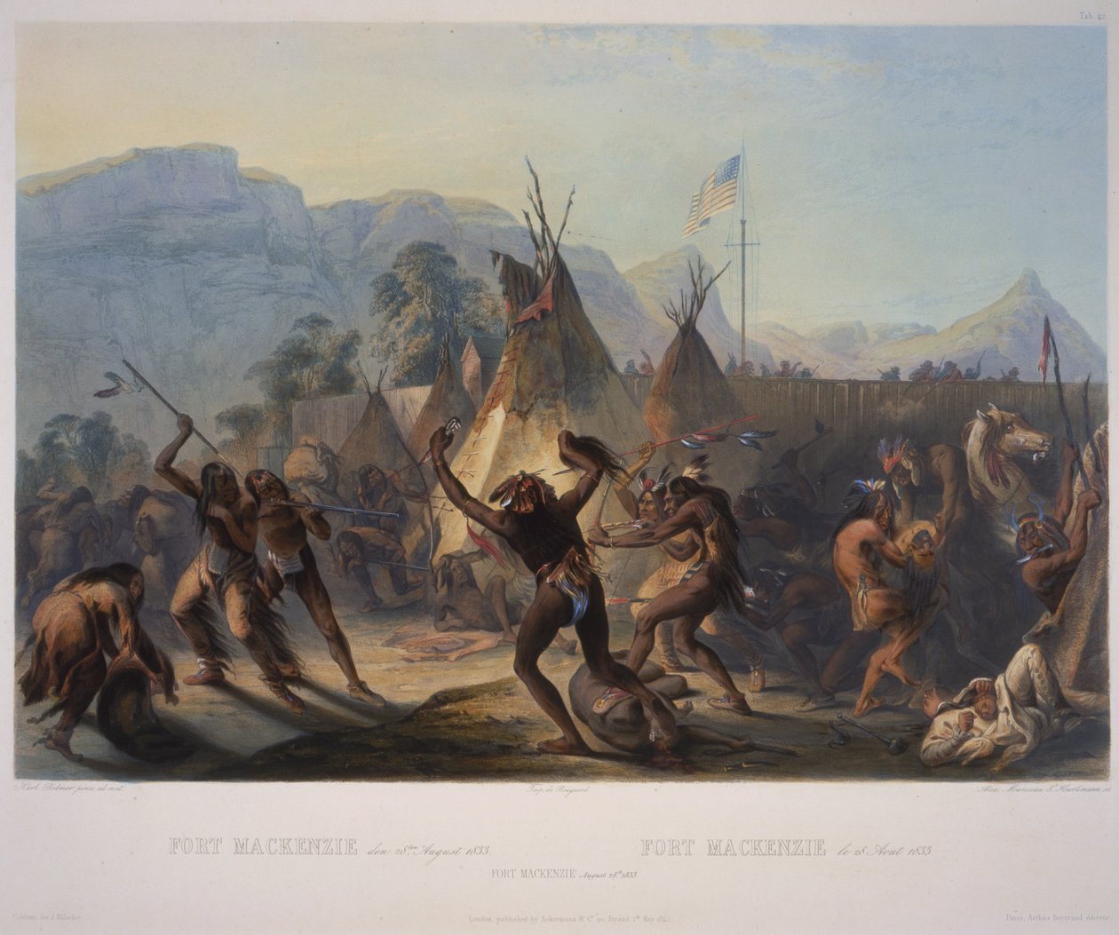 Fort McKenzie, 28. august 1833, gravert av Manceau und Hurliman, utgitt i 1842 (akvatint) av Karl Bodmer