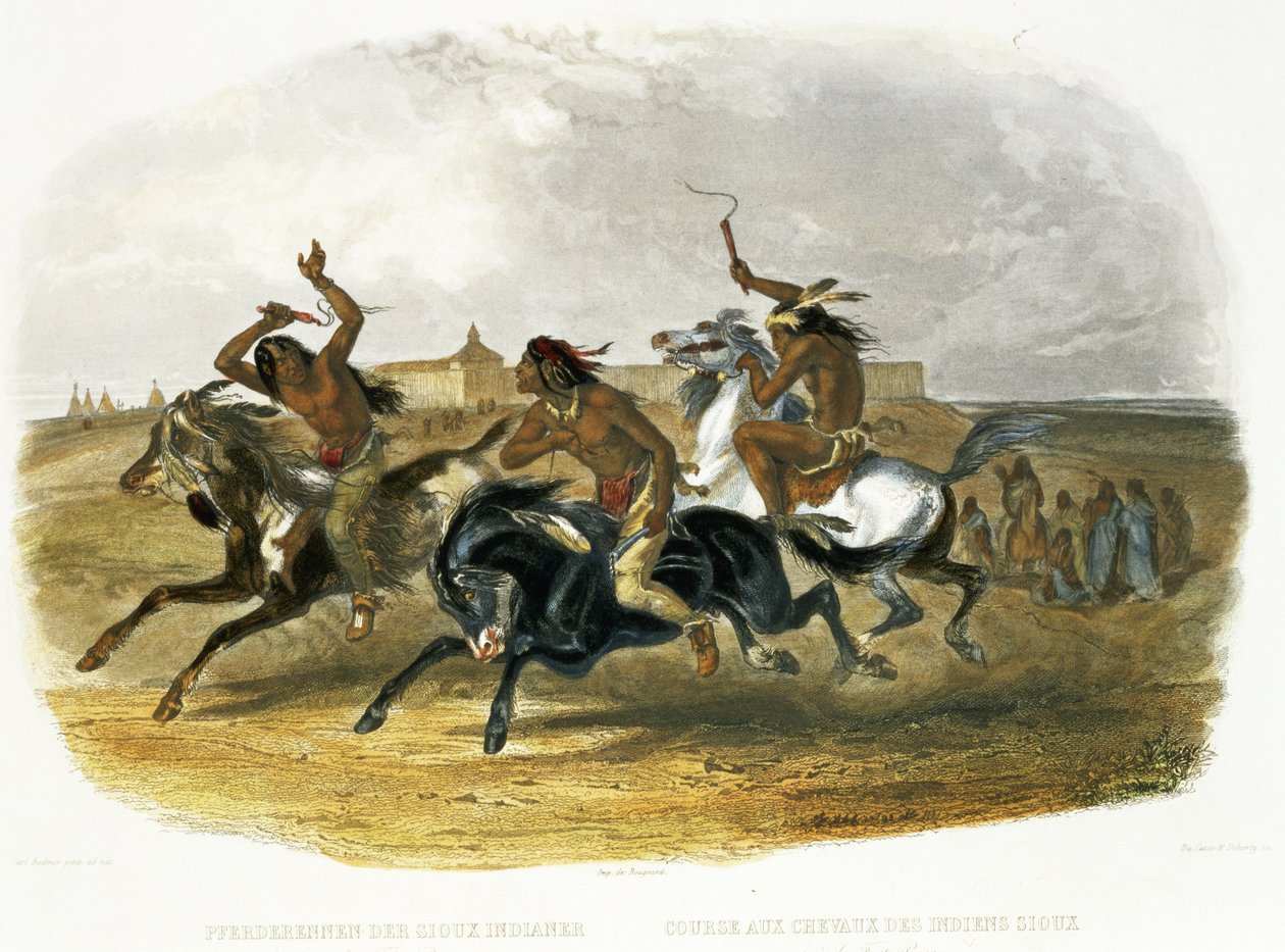 Hesteveddeløp av Sioux-indianere nær Fort Pierre, plate 30 fra bind 1 av 'Reiser i det indre av Nord-Amerika', gravert av Du Casse og Doherty, 1843 (akvatint) av Karl Bodmer