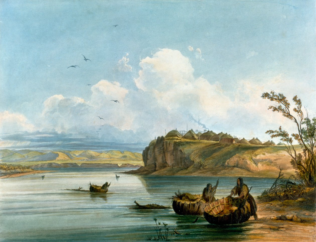 Mandan indianske kvinner krysser Missouri-elven på båter laget av bøffelskinn, indiansk sivilisasjon, USA av Karl Bodmer