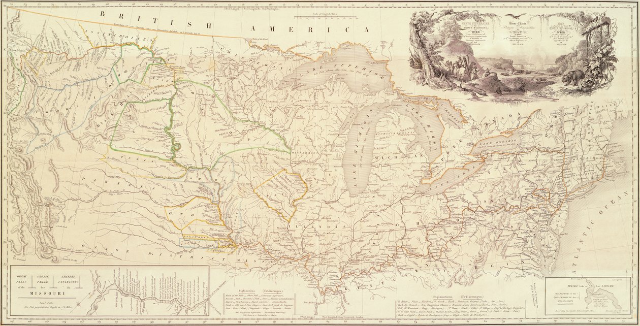 Kart for å illustrere ruten til prins Maximilian av Wied i det indre av Nord-Amerika fra Boston til Upper Missouri av Karl Bodmer