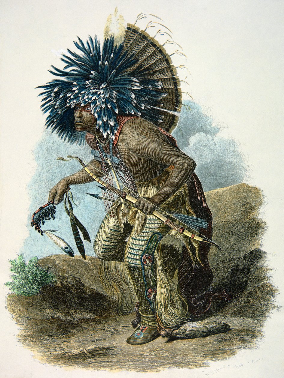 Medisinmann fra Mandan-stammen i kostyme til Hundedansen av Karl Bodmer
