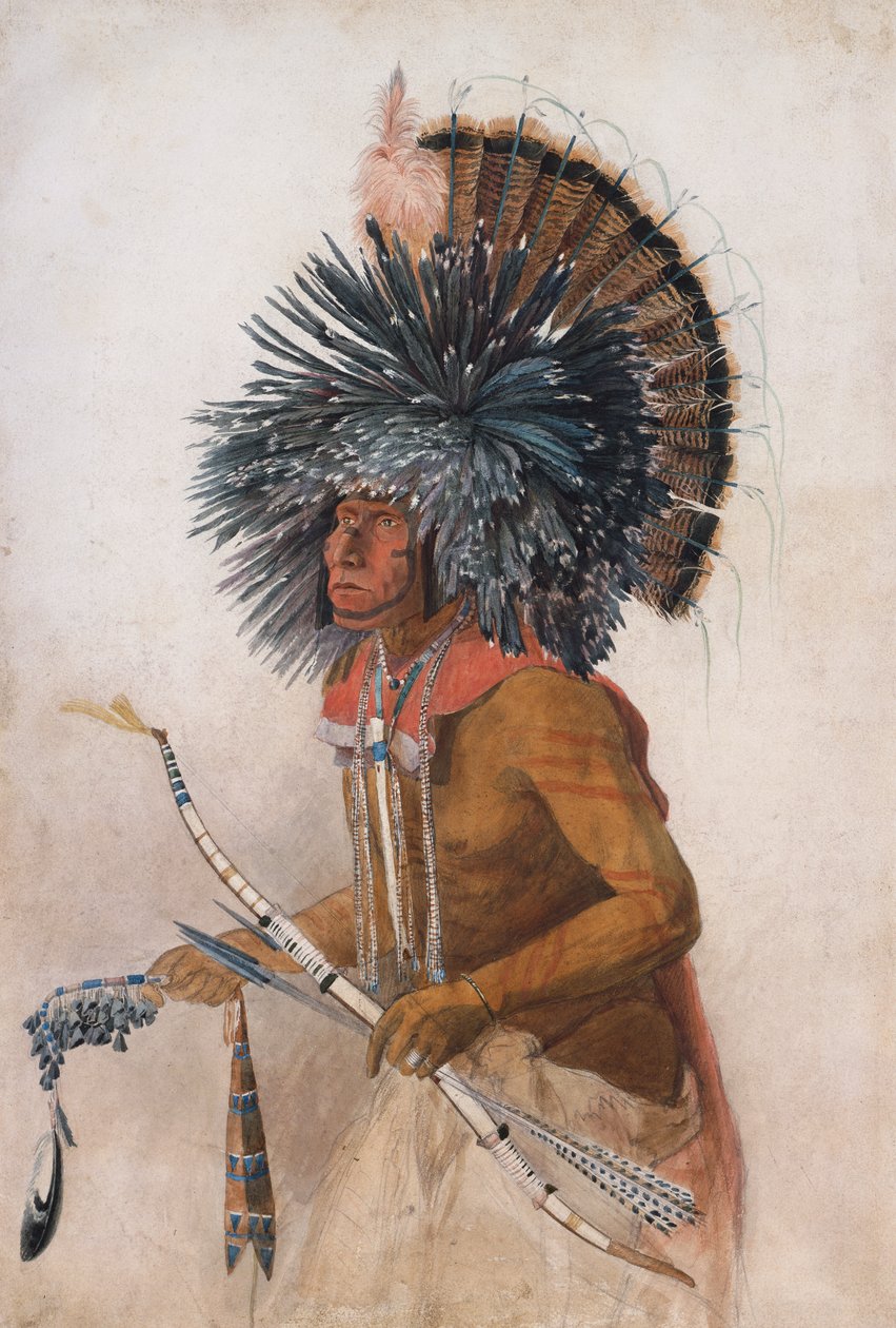 Pehriska-Ruhpa, Hidatsa-kriger, i kostyme av hundedansen av Karl Bodmer