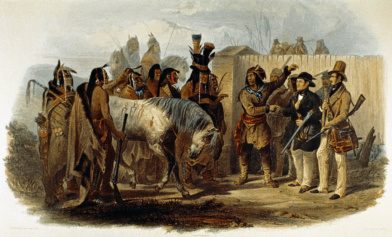 Prins Max von Wied-Neuwied (1782-1867) og Karl Bodmer blir møtt av Hidatsa-indianerne av Karl Bodmer