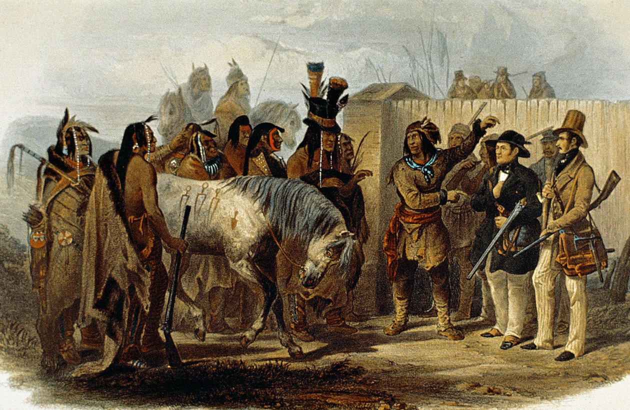 Prins Max von Wied-Neuwied (1782-1867) og Karl Bodmer blir møtt av Hidatsa-indianerne av Karl Bodmer