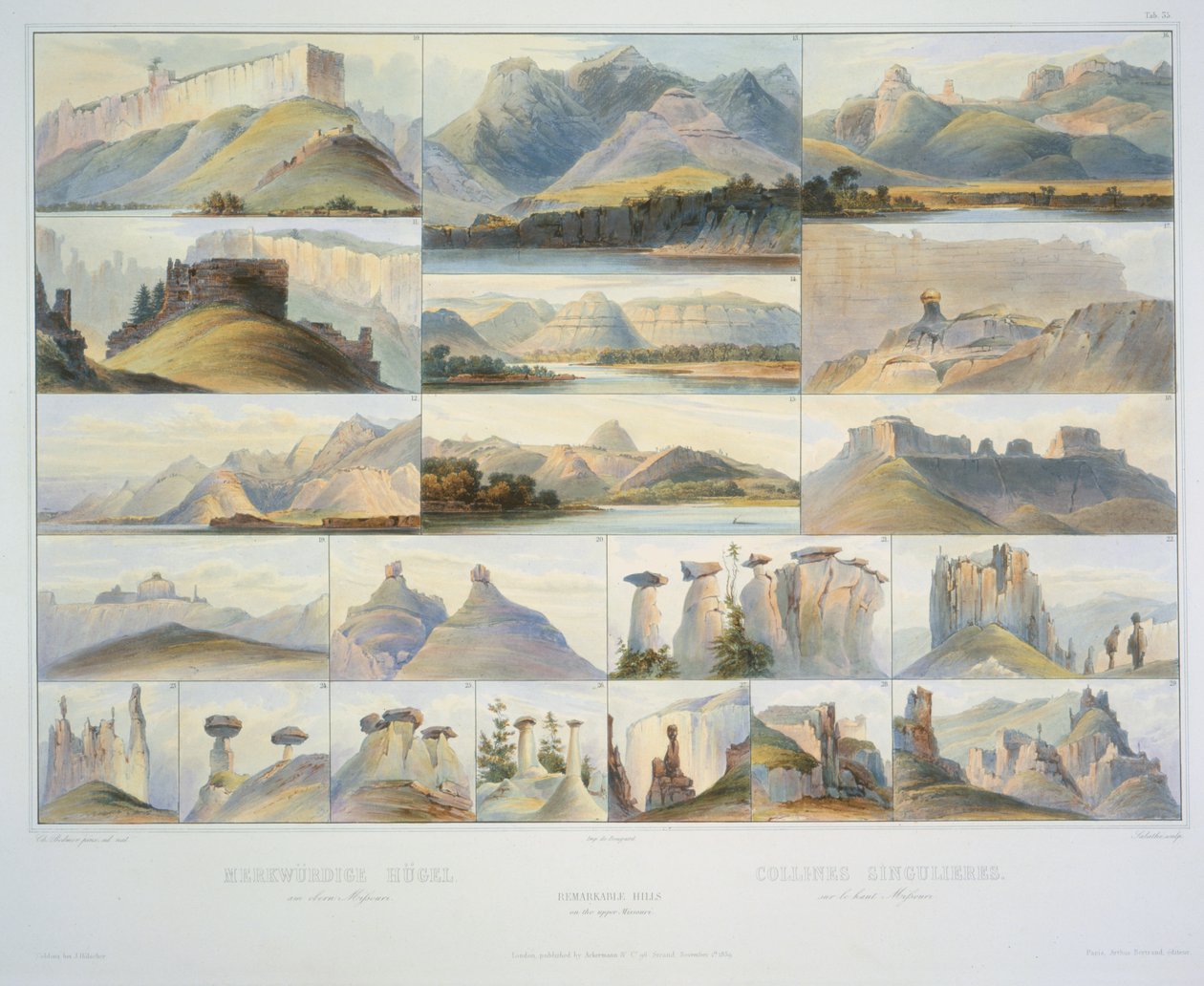 Remarkable Hills on the Upper Missouri, gravert av F. Salathe, publiseres i 1839 (akvatint) av Karl Bodmer