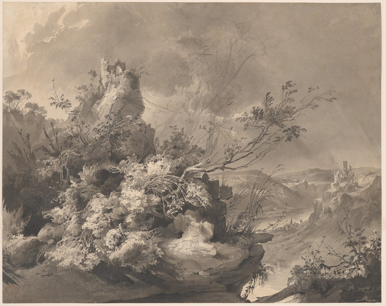 Ødelagte tårn med utsikt over Rhinen av Karl Bodmer