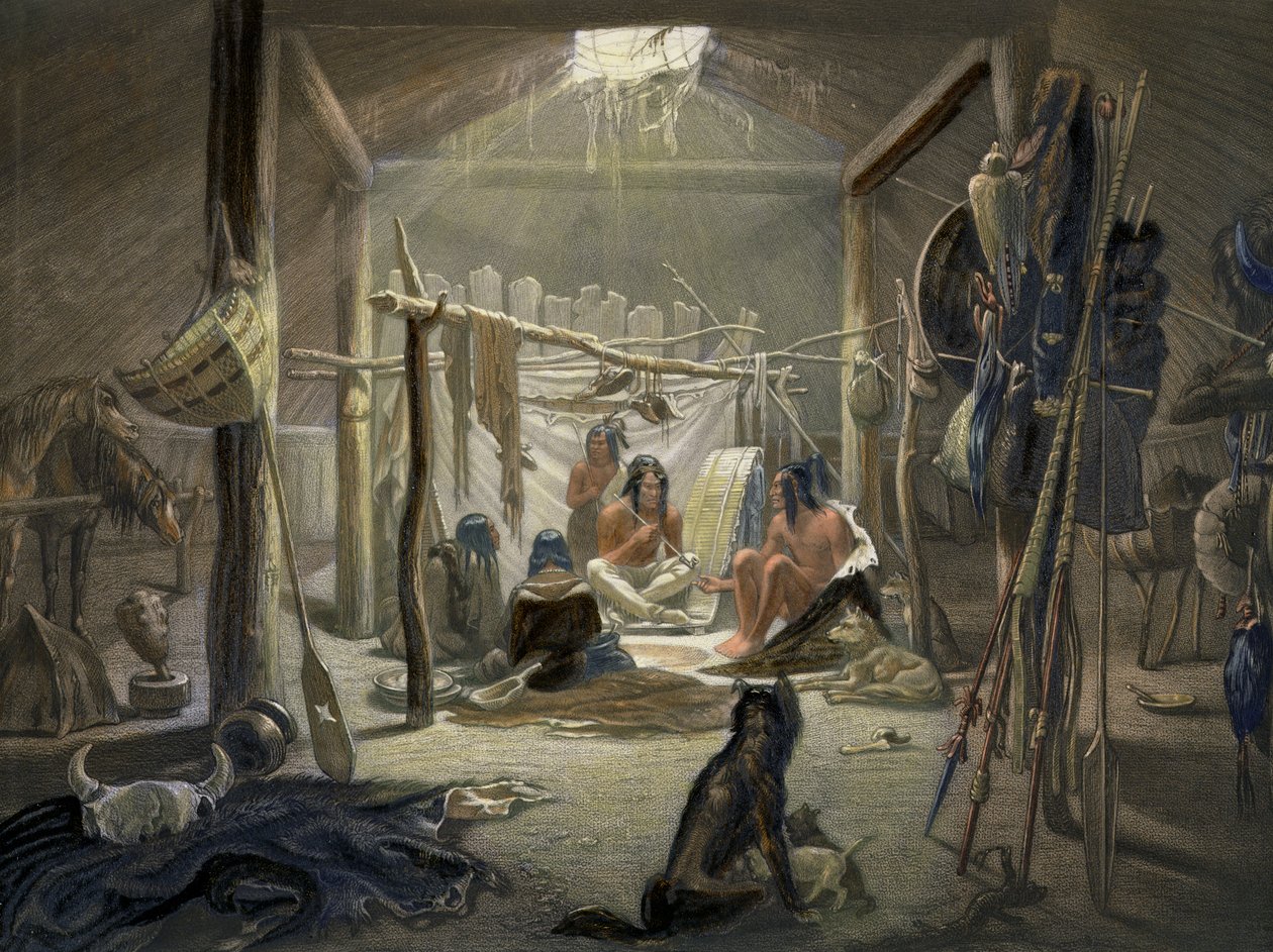 The Interior of a Hut of a Mandan Chief, plate 19 fra bind 2 av Travels in the Interior of North America, gravert av Narcisse Desmadryl, 1844 farget akvatintdetalj av 103848 av Karl Bodmer