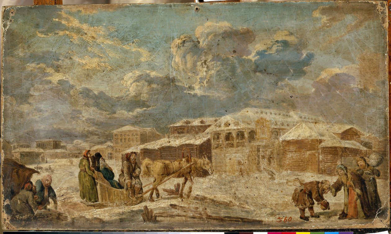 Bytorget om vinteren (Sankt Petersburg). Bylandskap, med bygninger og trehus. Maleri av Karl Friedrich Knappe (1745-1808), olje på papp, andre halvdel av 1700-tallet. tysk kunst av Karl Friedrich Knappe