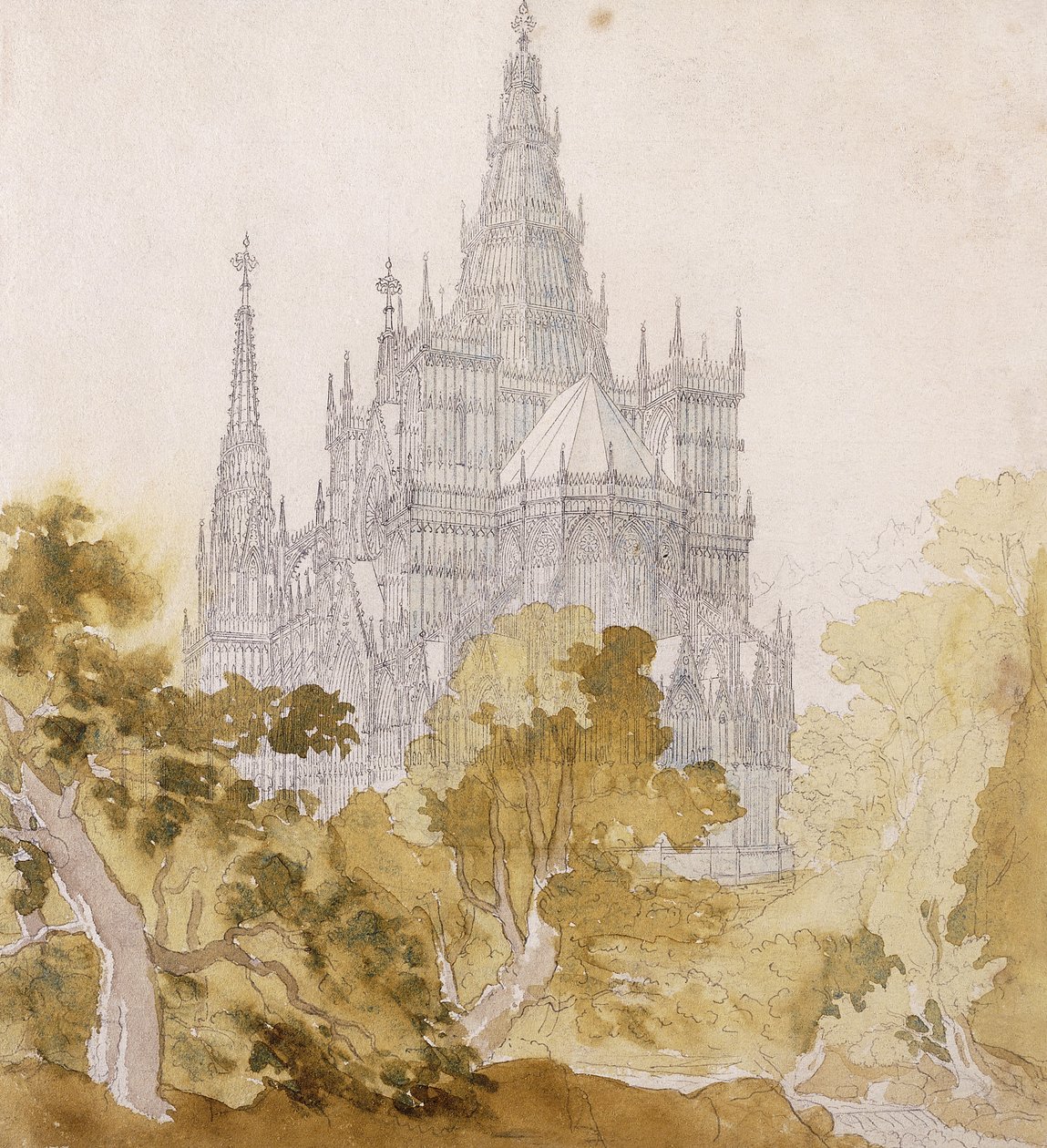 En gotisk katedral nær Bauman; En gotisk katedral bak trær, 1814-15 av Karl Friedrich Schinkel